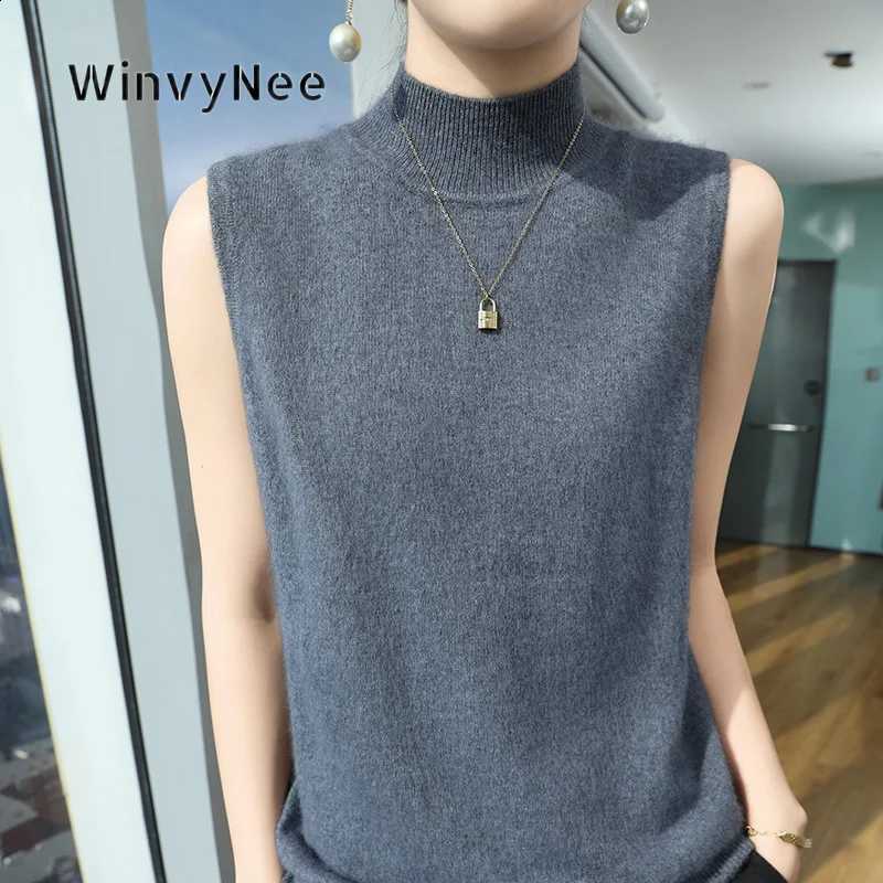 Knit WinvyNee Women Crew Neck Vest Soft Mink Cashmere Brushed Fabric Ribbed Hem Loose Cozy Winter Sleeveless Knitwear C1248041W260915