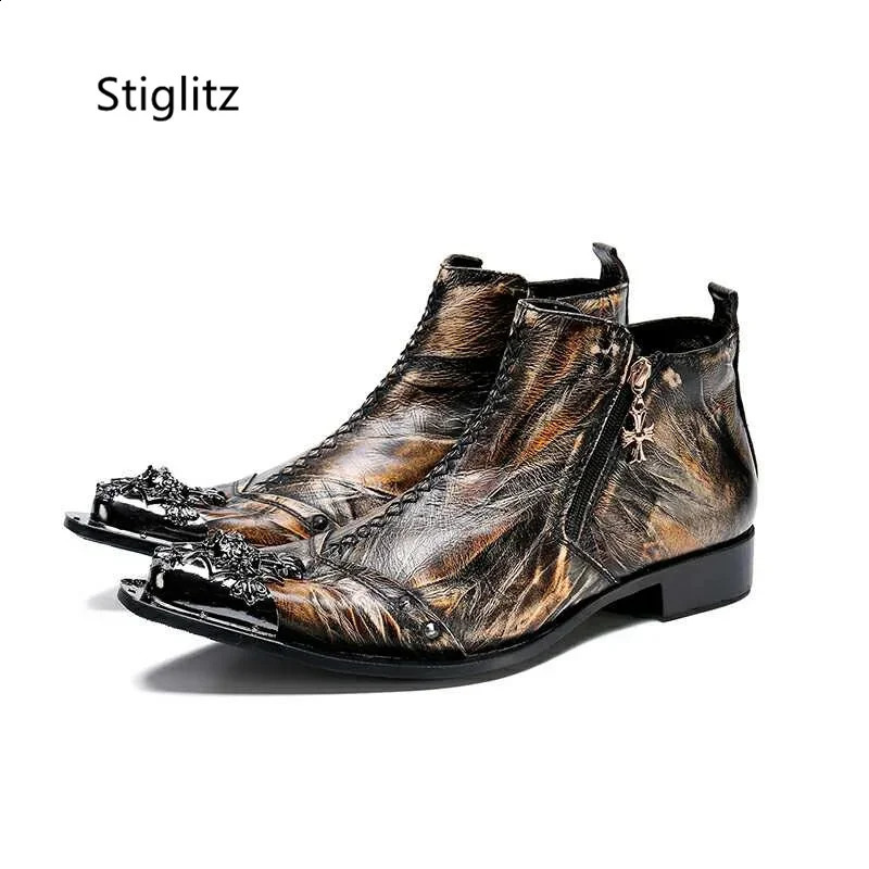 Metal Pointed Toe Retro Mens Boots Side Zipper Genuine Leather Male Shoes Motorcycle Chelsea Ankle Large Size Show 260916