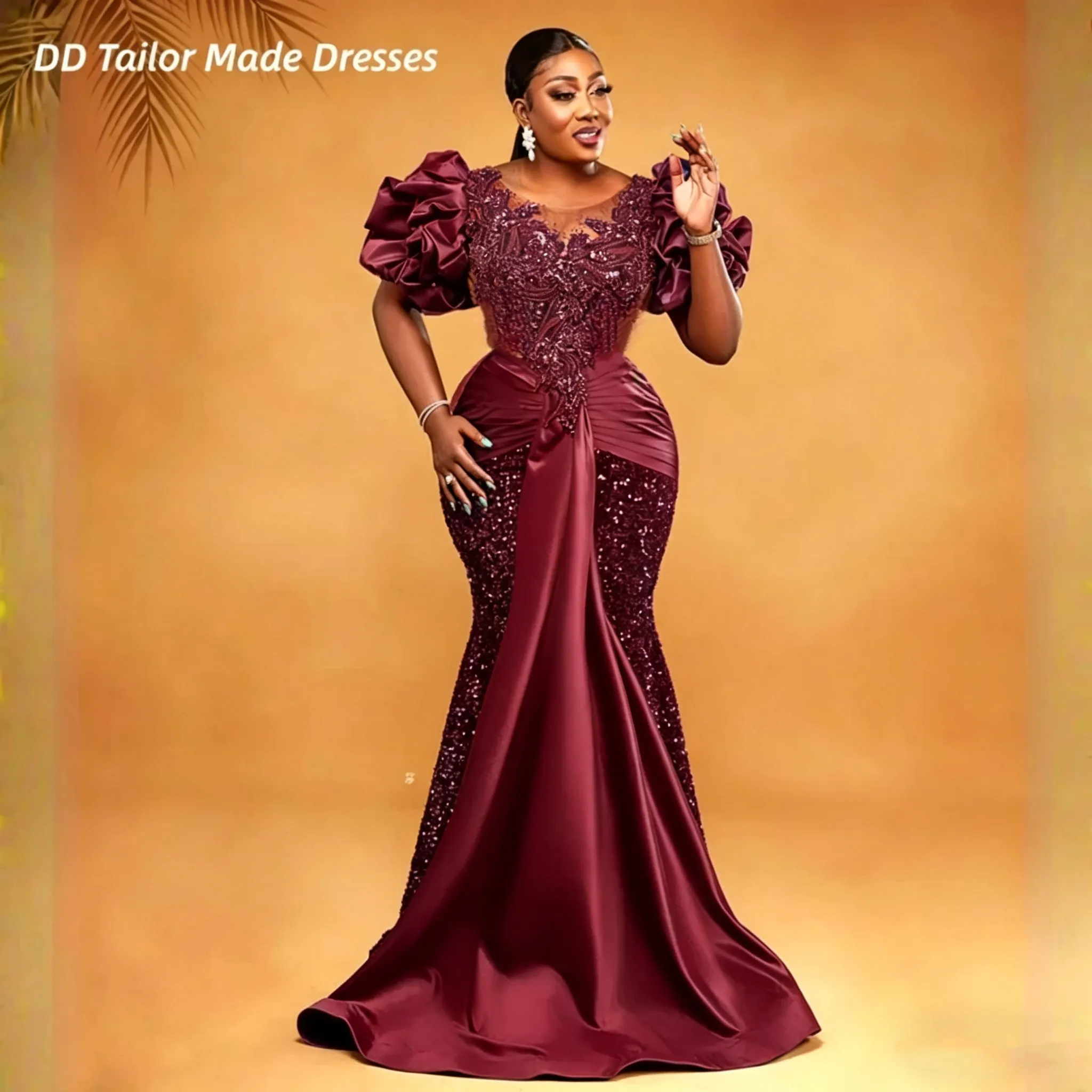 Aso Ebi Green Sequin Mermaid Prom Dressed Crystals Lace Appliques Bodice Detail Beaded Puff Sleeve Draped African Burgundy Black Formal Evening Gown