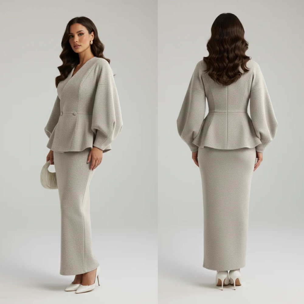 Winter Women Wool Blend Skirt Suits Long Puff Sleeve Ankle Length Skirts Blazer 2 Pieces Mother of Bride Formal Wear Jackets Customized