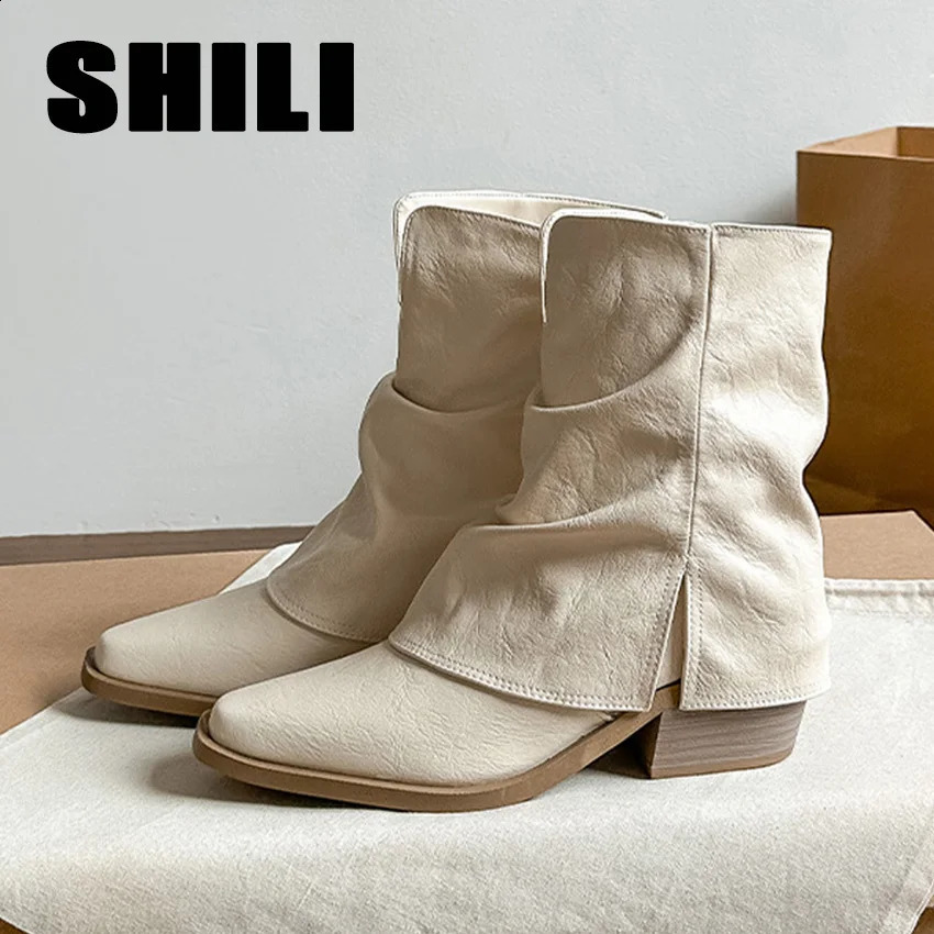 botas mujer Ankle Boots for Women Autumn Winter Square Heel Pointed Toe SlipOn Retro PU Leather Concise Versatile 260917