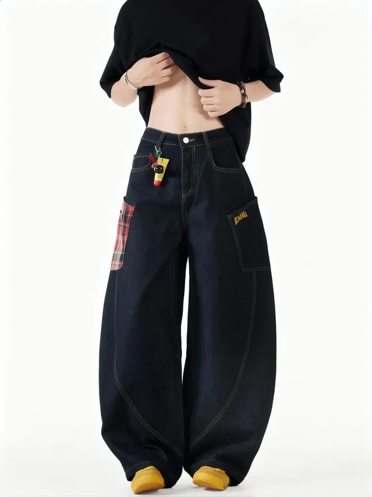 Vintage Y2k Plaid Wide Leg Baggy Pants Men Streetwear Black Straight Denim Long Trousers Loose Patchwork Fashion Curved Pants 260916