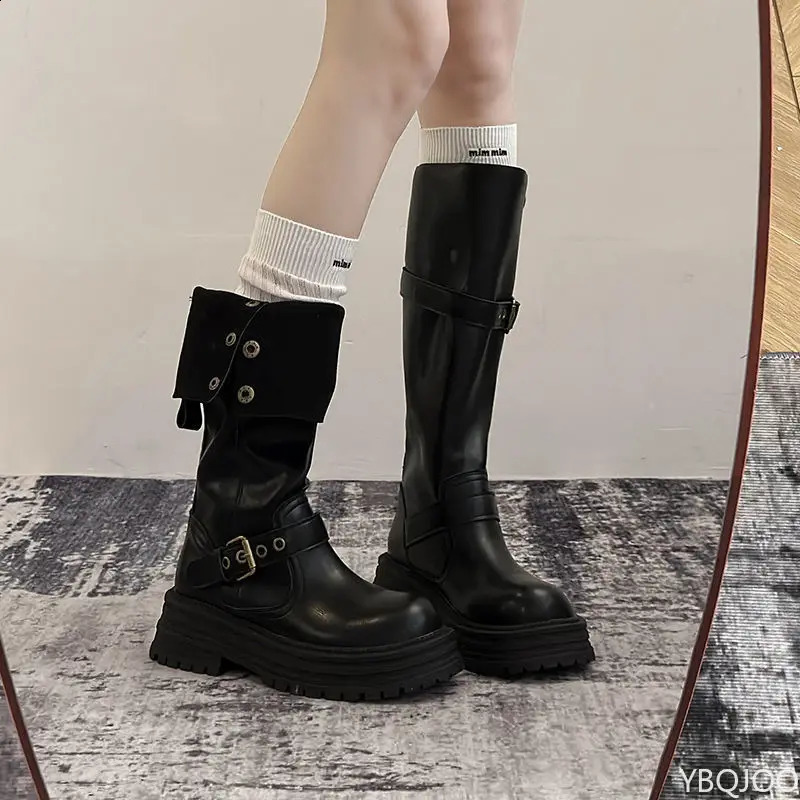 Vintage Square head Low Heels Ladies Shoes Winter Platform Women Thigh High Boots Fashionable versatile Belt Buckle Long 260917