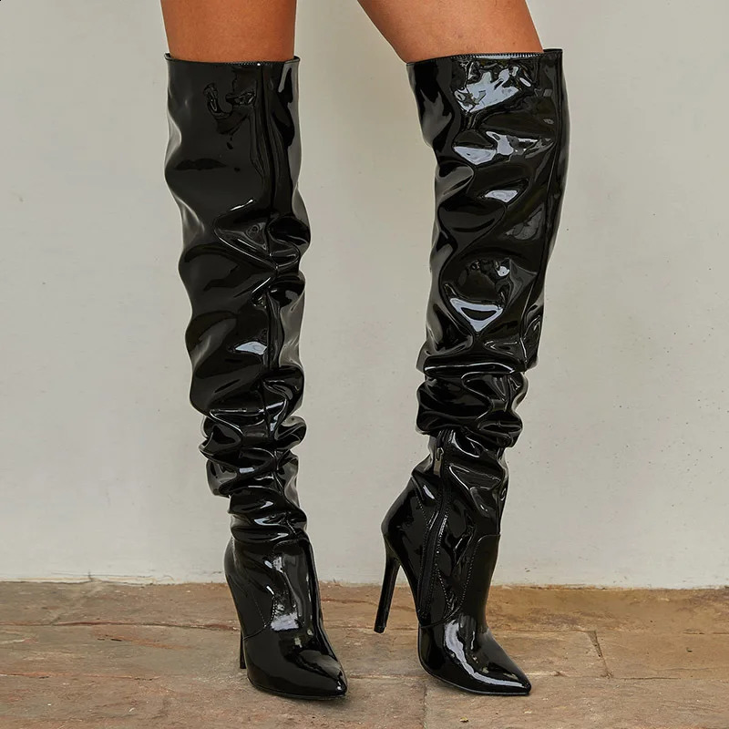 High Quality Stretch Pleated Patent Leather Motorcycle Over The Knee Boots Women Fashion Pointed Toe Zip Thigh Lady Shoes 260916