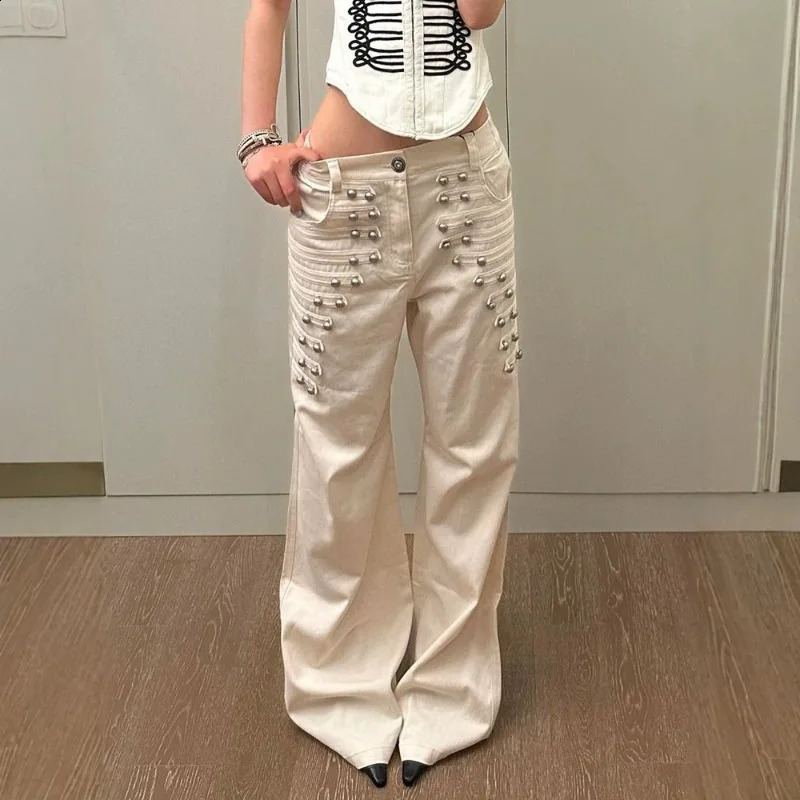 American Vintage Style Girl MultiButton Metal Womens Denim Pants Gothic Street Niche Studded FloorLength Trousers 260916