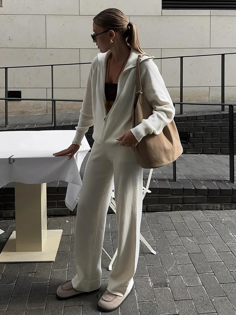 Bornladies Women's Knit Zip Up Cardigan Wide Leg Pants Set Soft Loose Fit Hooded Elastic Waist Autumn Winter Fashion Sets 260916