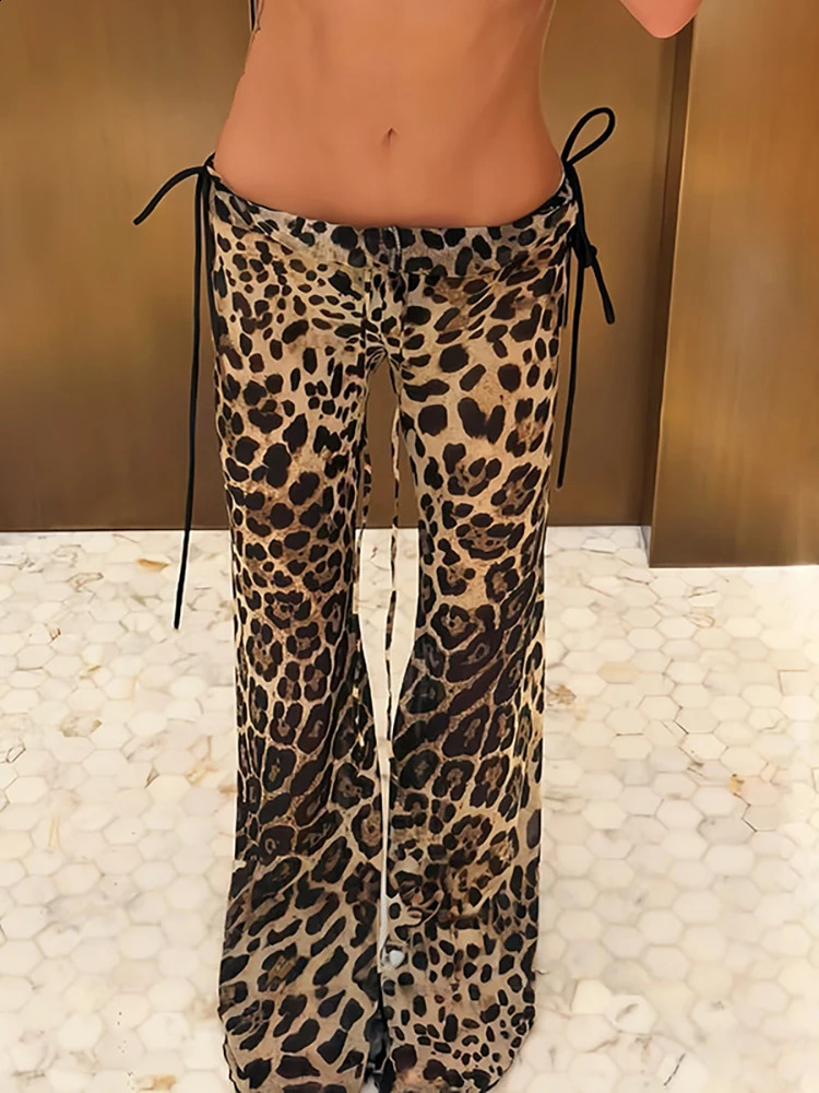 JULISSA MO Sexy Low Waist Leopard Print Lace Up Women Pant Flared WideLeg Trousers Female Summer Skinny Elegant Party Clubwear 260916