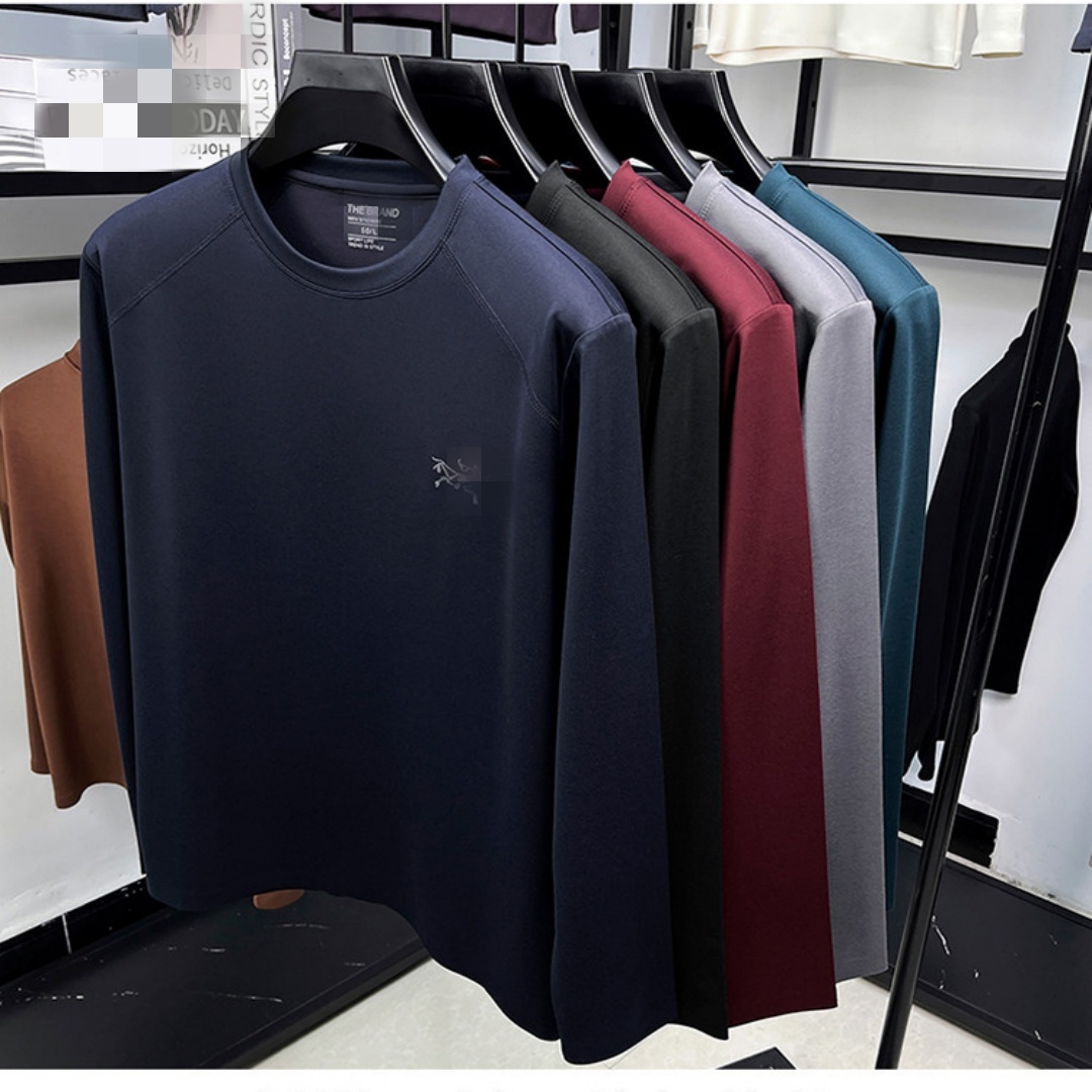 Arcteryxlyitty Men Autumn New Men's Crew Neck Long Sleeve T-Shirt, Solid Color Embroidered Silk Base Layer Top for Middle-aged & Young Men