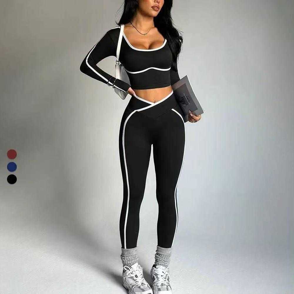 long 2-piece slved long pants contrasting set tight long slved front V-waist lifting hip tight set S260916RK5G