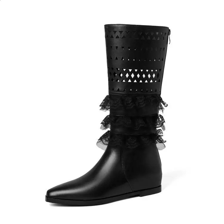 2026 Womens Shoes Genuine Leather Mid Calf Boots Pointed Toe Flats Hollow Out Lace Ruffle Trim Side Zipper Elegant Summer 260916