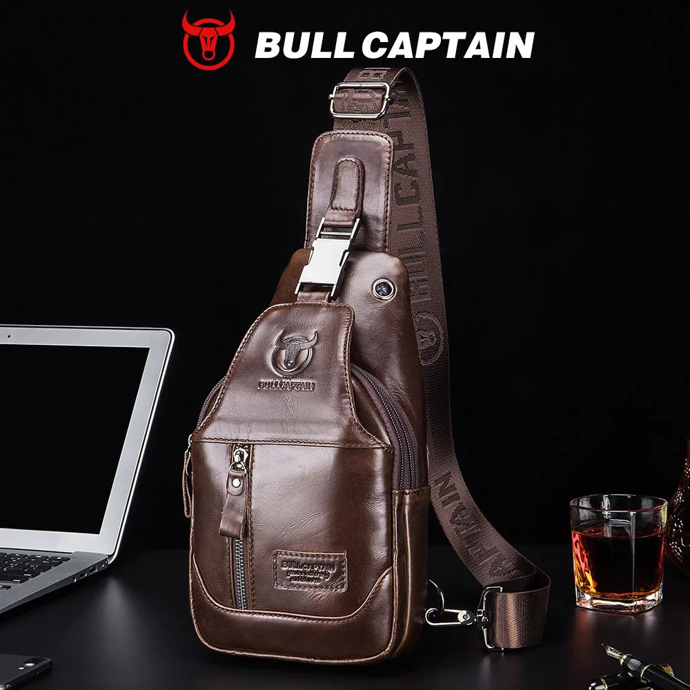 BULLCAPTAIN Genuine Leather Men's Sling Shoulder Backpack Crossbody Chest Bags Travel Hiking Daypack with Earphone Hole 260916