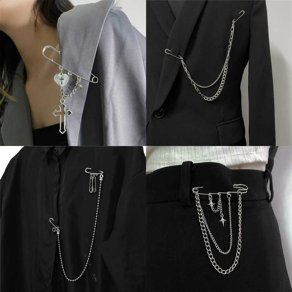 Silver Color Chain Y2K Brooch for Men Women Tassel Vintage Cross Brooches Punk Stay Gothic Harajuku Streetwear Jewelry J260915
