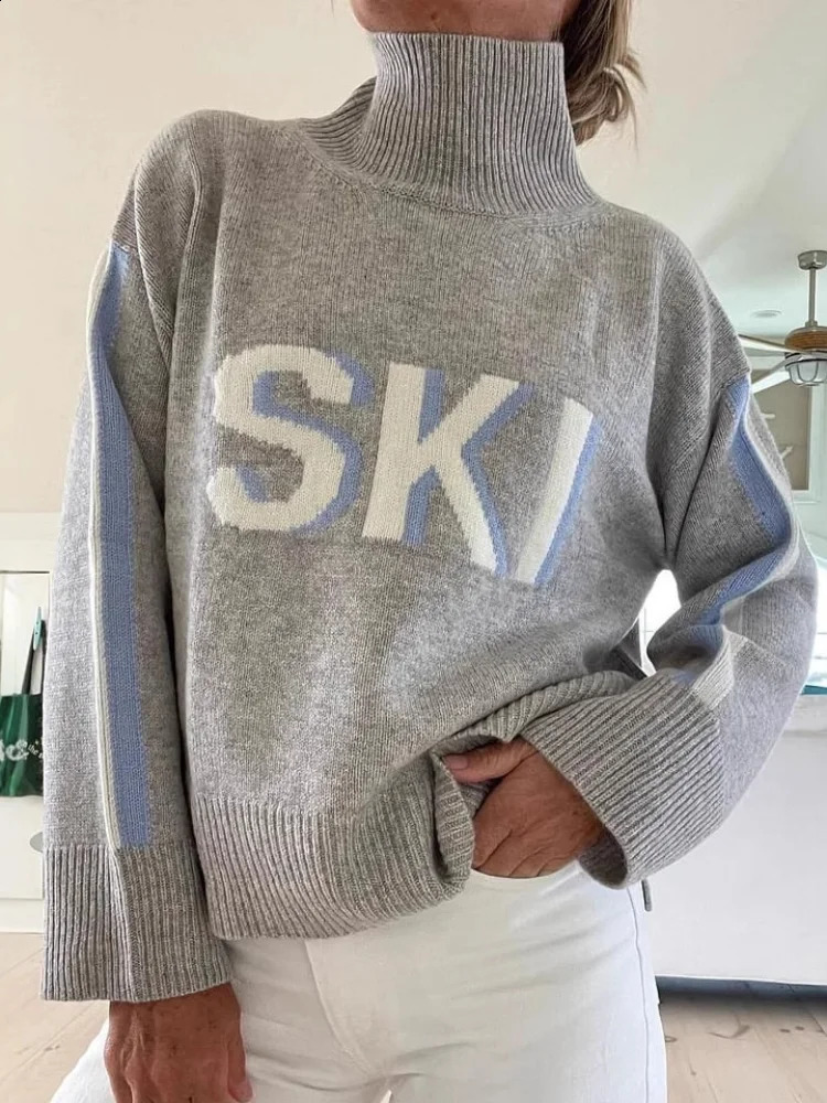 Chic Letter High Collar Ski Sweater Women Casual Full Sleeve Loose Fit Knitted Pullover 2026 Lady Spring Autumn Pullovers 260916