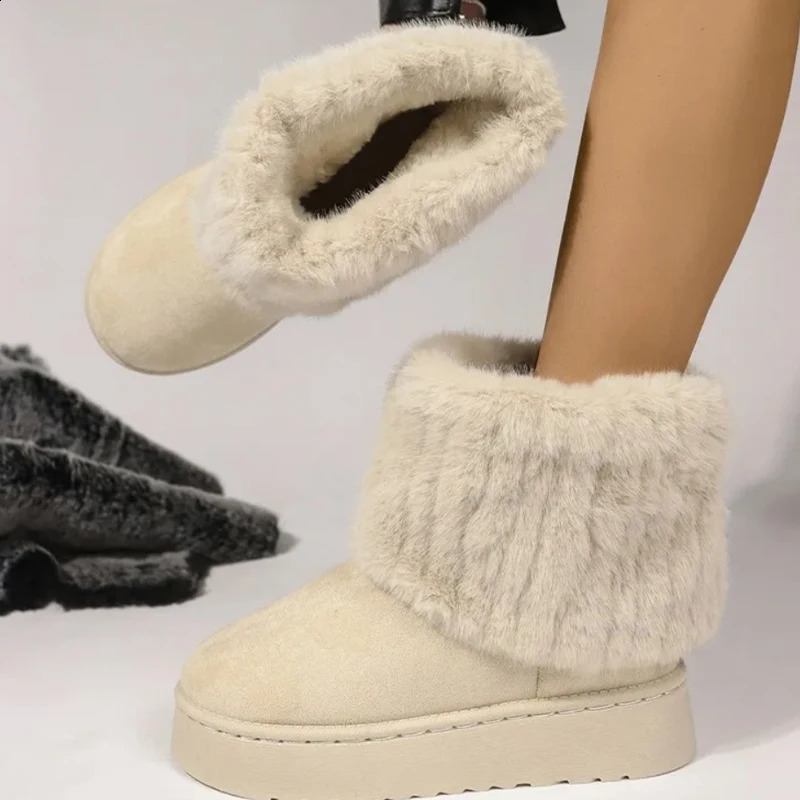Shoes for Women Winter Slip on Womens Boots Black Round Toe Solid Flock Plush Warm Mid Heel Water Proof Casual Snow 260917
