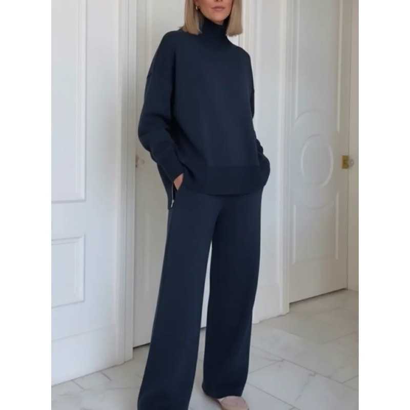 Solid Women Two Piece Outfit Turtleneck Oversized Sweatshirt High Waist Wide Leg Pants Casual Loungewear Sets S260916TWT9