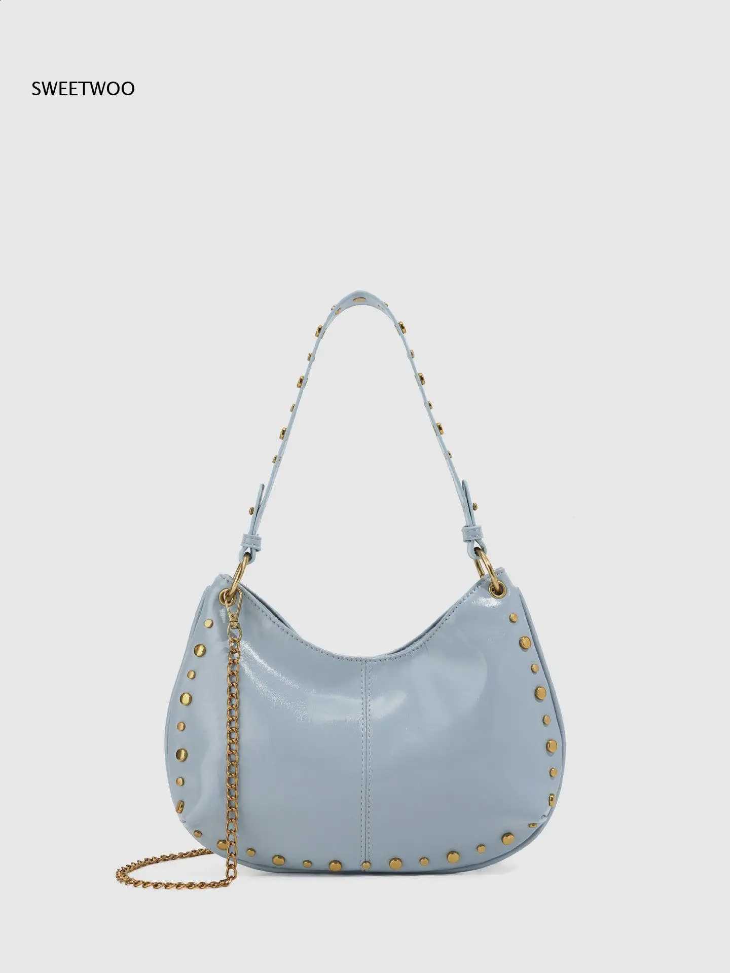 Designer Leather Hobo Shoder Faux Bag with Detachable Gold Chain Straps Vintage Crescent Studded Underarm Crossbody Handbag J260916