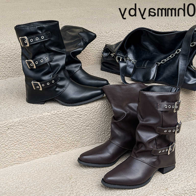 Mid Vintage Leather Women Calf Boots Pleated Slouch Block Heel Pointed Toe Shoes Street Daily Wear Motorcycle Boots D260916