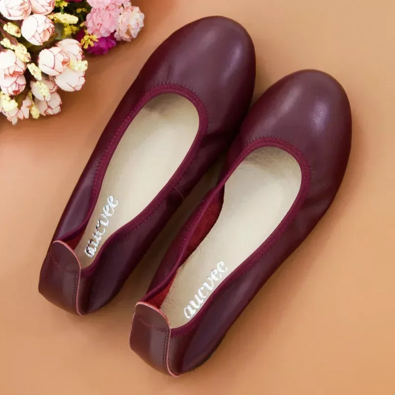 Genuine Leather Women Flats Solid Color Black for Slip on Shallow Comfort Foldable Flat Heel Shoes 260916
