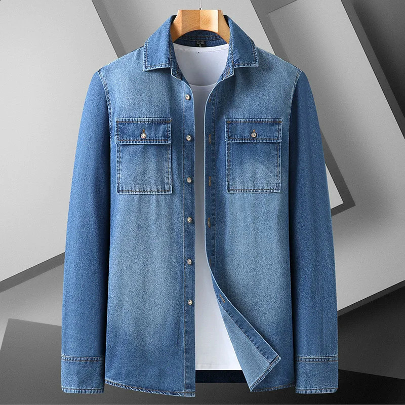 Men's Slim Fit Cotton Denim Shirt Autumn Smart Casual Solid Color Long Sleeve Jeans Fashion Male Black Blue 260828