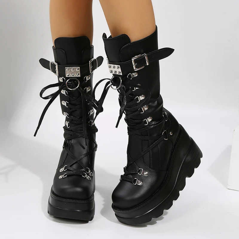 Boots Women's Motorcycle Goth Platform Punk Strap Combat Booties for Women Thick Bottom Wedge Heels Mid Calf Boots D260916