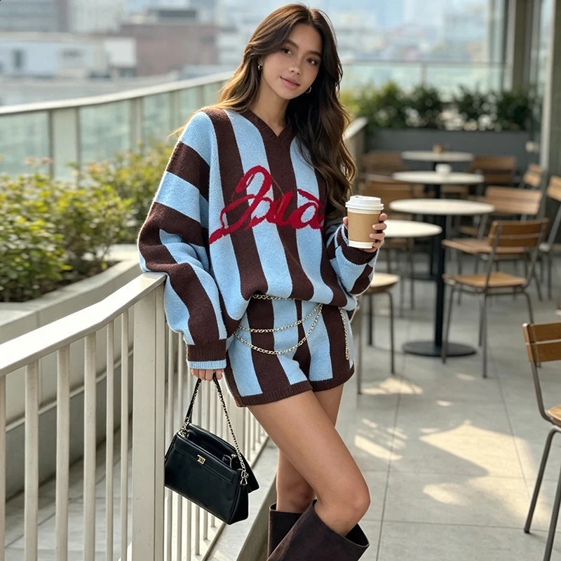 Sweet Fall Winter Knitted Set Vertical Stripe Oversized Sweater And High Waist Short Y2k Street Matching Outfit 260907
