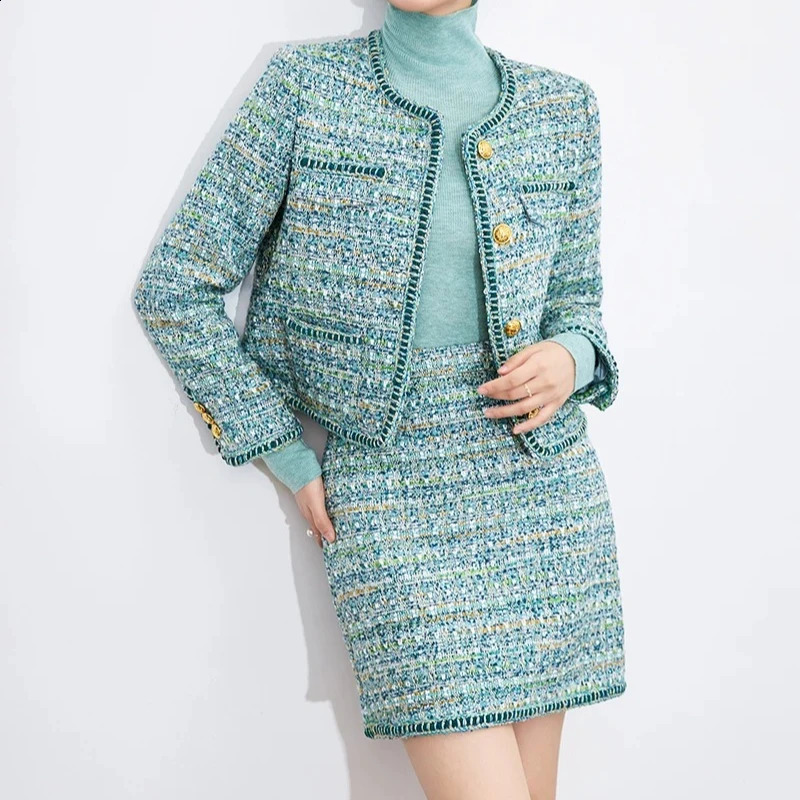 20% Wool Elegant Tweed 2 Pieces Skirts Sets Vintage Short Jacket Coat and Mini Skirt Office Lady Fashion Two Piece Sets Slim 260916