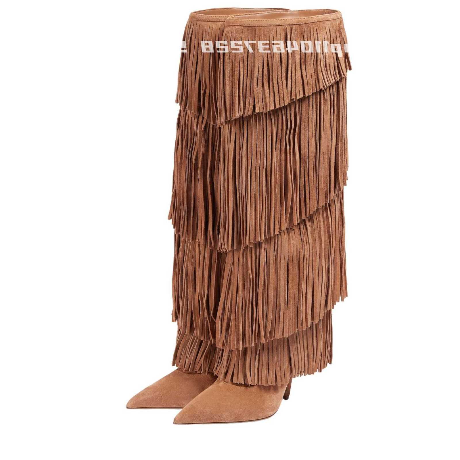 Boots Suede Knee-high New Fringed Pointed Toe Thin Heels Street Style Women's Shoes Spring Autumn Stylish Pull On Modern Boots D260916