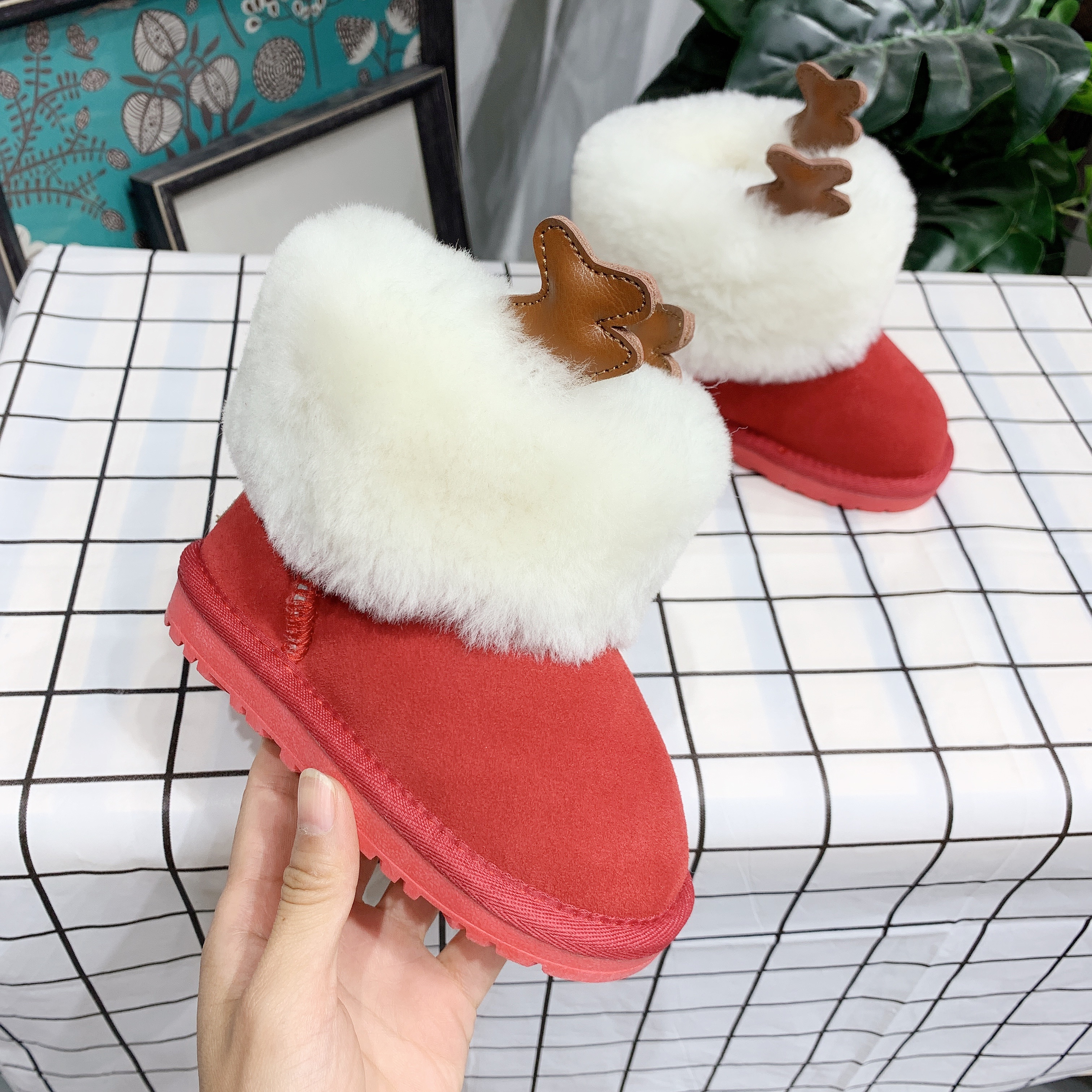 kids snow boots children winter boots christmas kids boots reindeer antler boots plush fur lined non slip sole warm ankle boots girls winter shoes