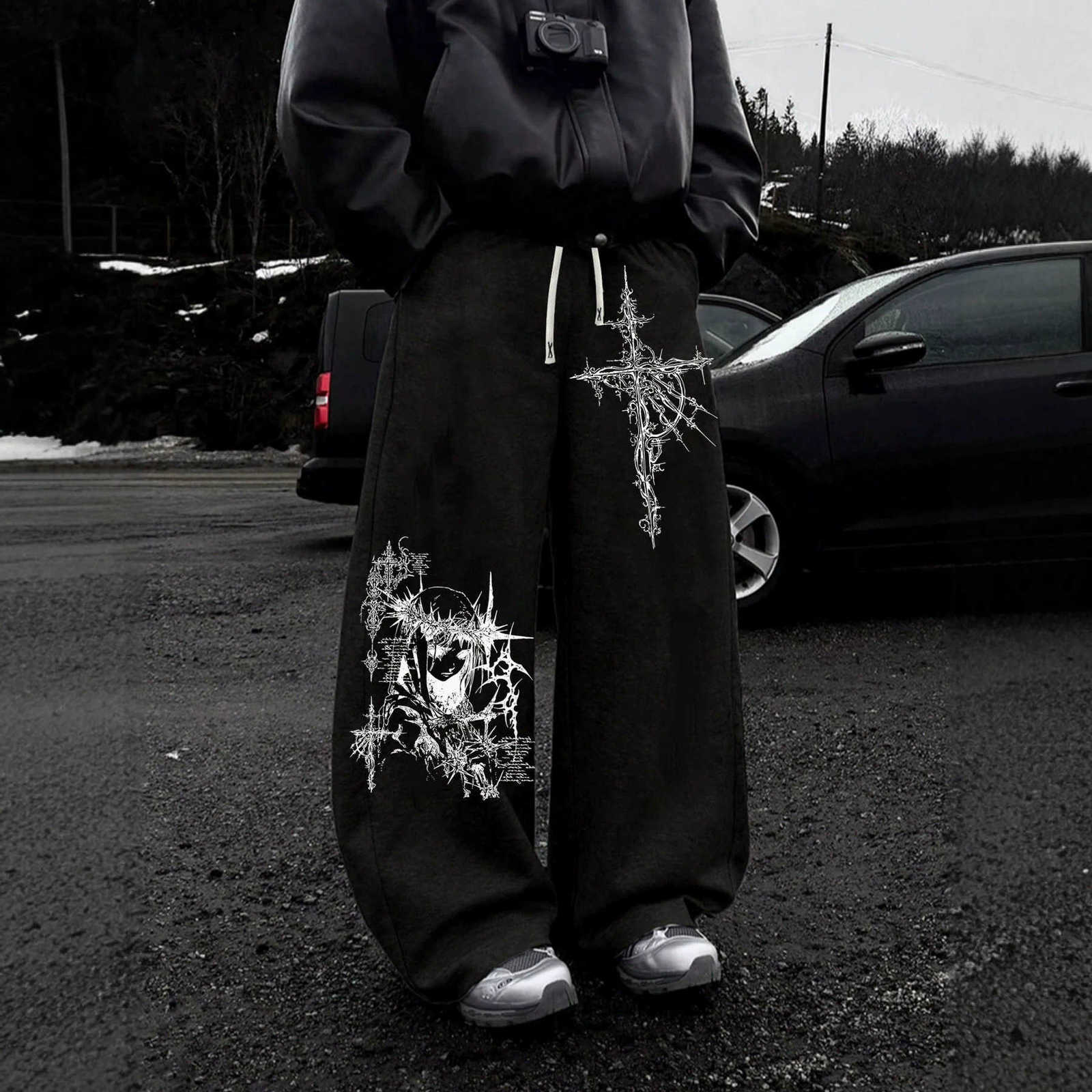 Sweatpants Wide Leg Men Baggy Gothic Anime Print Drawstring Elastic Waist Soft Trousers Streetwear For Daily Spring Autumn D260916
