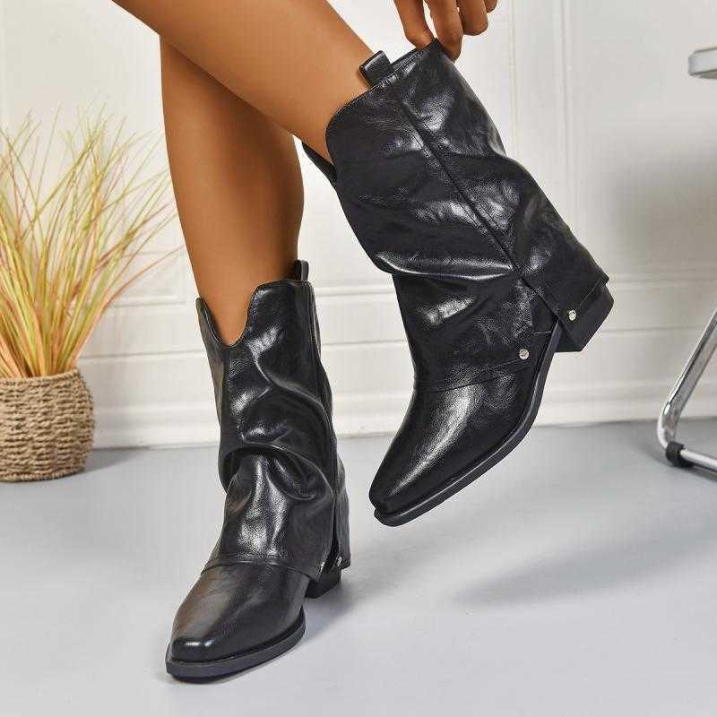 Mid Vintage Toe Pu Pointed Calf Western Boots Women Designer Low Heel Riding Boots Sexy Pleated Silp On Winter Shoes D260916