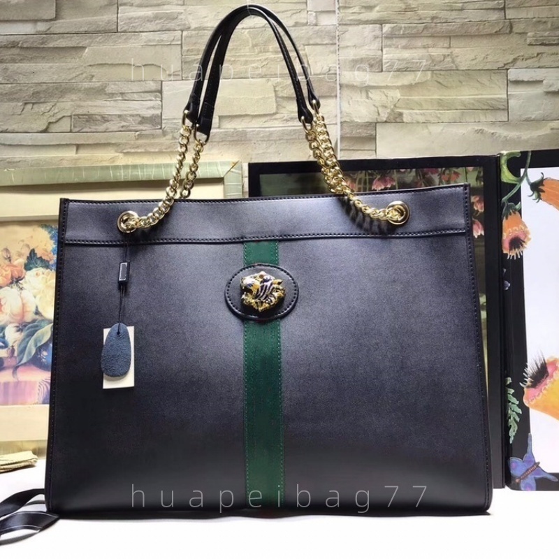 Women Black Tote Bag Large Leather Shoulder Bag Tiger Head Handbag Chain Strap Green Stripe Shopping Bag Purse