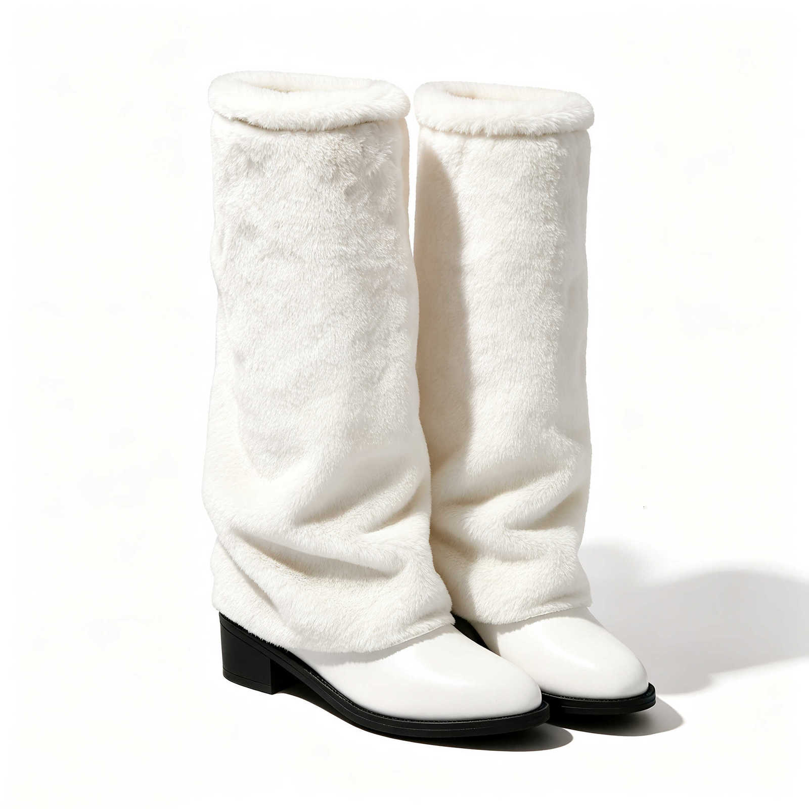 High Fur Knee White Faux Boots for Women Winter Slouch Boots Low Block Heel Pull On fashion Long Boots D260916