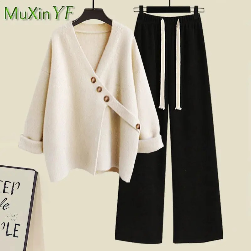 Women's Spring Autumn Casual Matching Set Korean Elegant Irregular Knit SweaterLoose Wide Leg Pants Two Piece Female Suit 260916