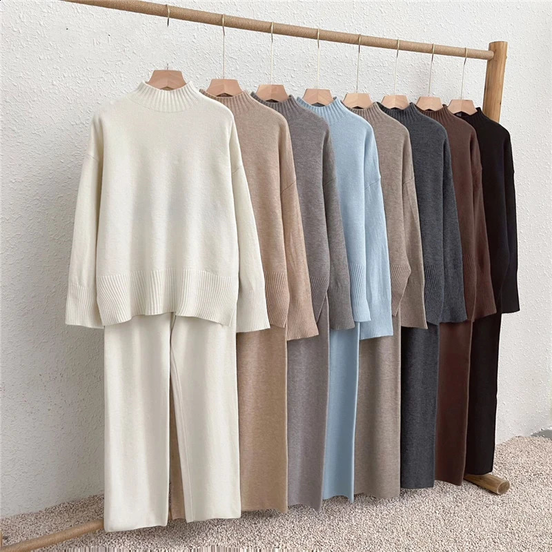 Seoulish Autumn Winter Split Women's Sweater Sets Fashion Solid Color Knitted Sweaters Casual Pants Two-piece Sets 260916