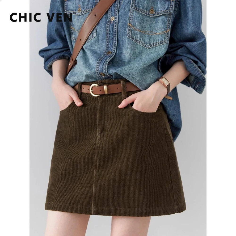 CHIC VEN Women Skirts Casual A Line Retro High Waisted Corduroy Half Skirt Pit Stripe Office Ladies Skirt Spring Autumn 260916