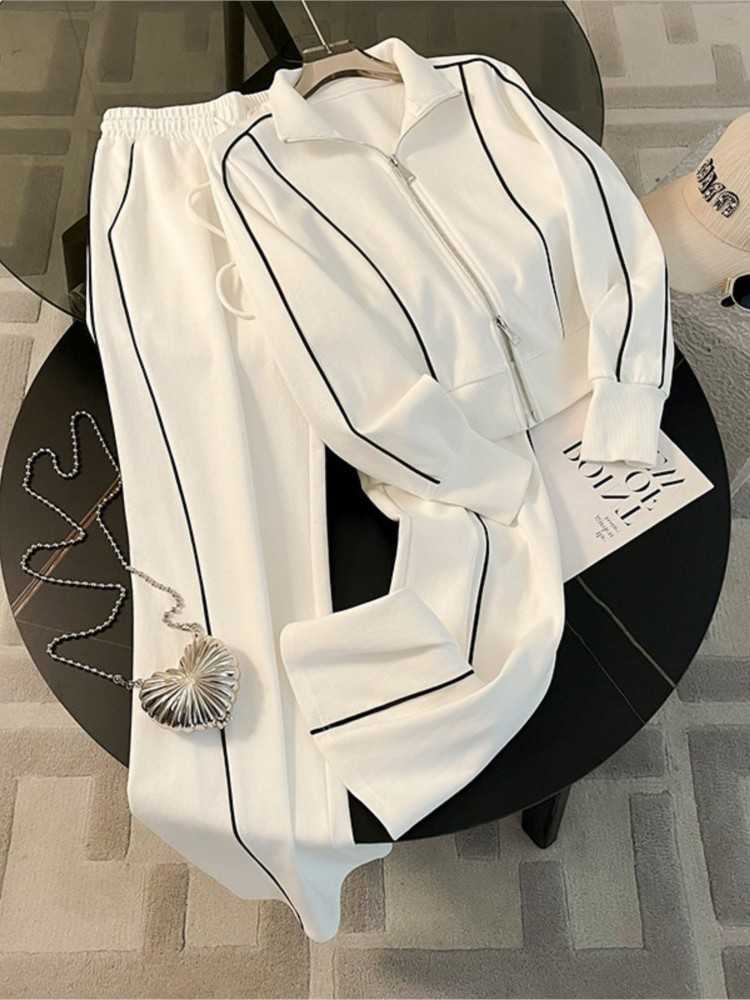 Color Wo's Blocking Sportswear Set Spring Autumn Fashion Flip Collar Zipper Coat Long Pants Two-piece Set Lady Leisure Outfit S260916JAR0