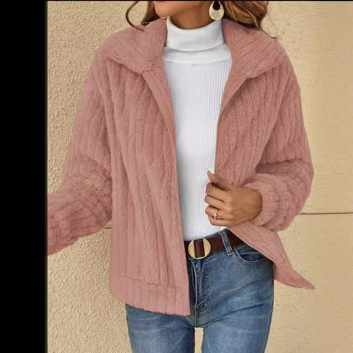 Autumn Winter Womens Turn Down Collar Ribbed Plush Outerwear Zip Up Short Jacket Soft Textured Knit Feel For Daily Errands Casual Hangouts And Weeke