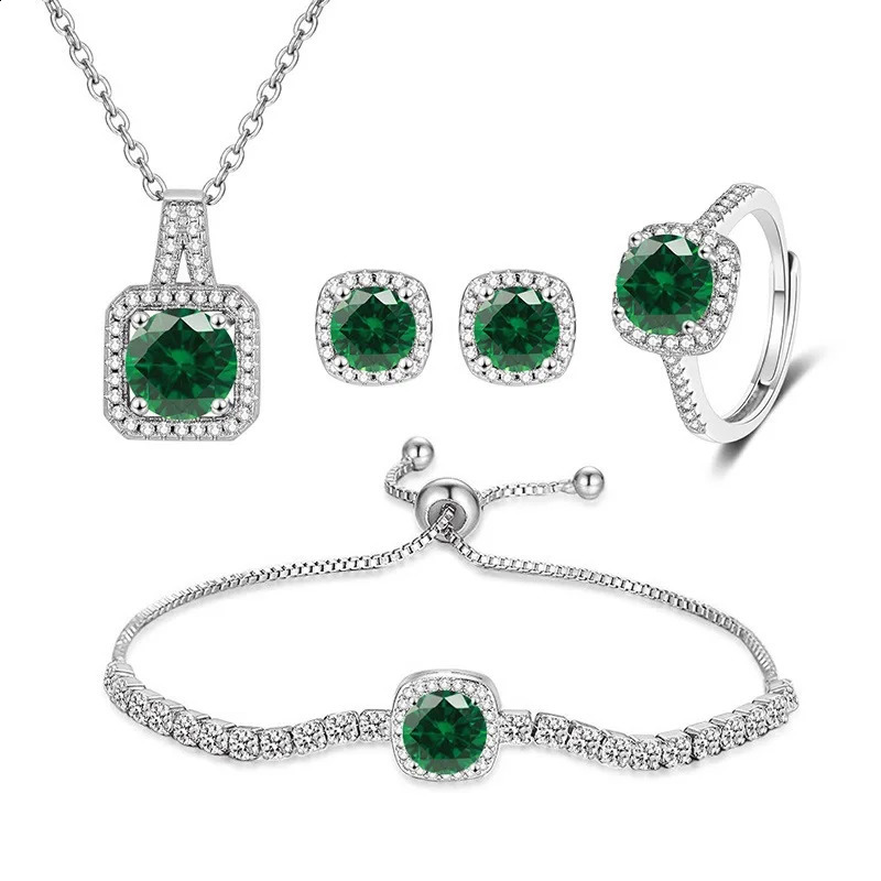 925 Sterling Silver 4Pcs CZ Jewelry Set Square Halo Pendant Necklace Earrings Ring Pull Bracelet Wedding Jewelry for Women 260916
