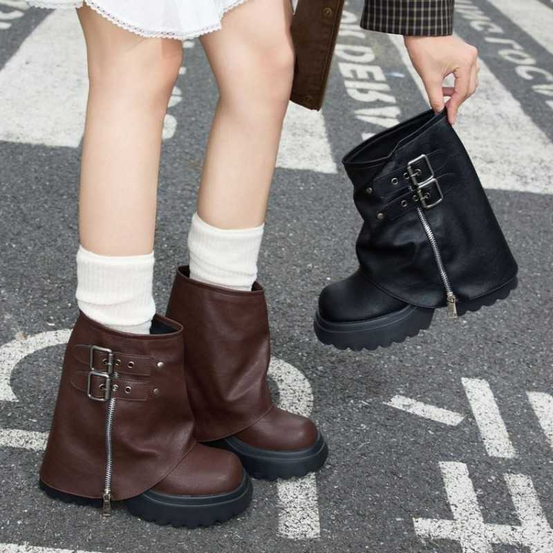 Punk Style Splicing Thick Bottom Women Pile Mid-Calf Boots fashion Zipper Female Pleated Thick Soled Booties Shoes D260916