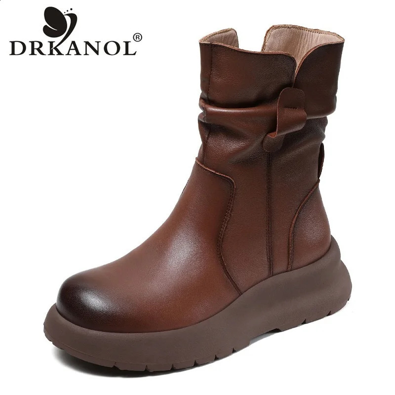 DRKANOL 2026 Women Mid Calf Boots Genuine Leather Pleated Side Zipper Retro Platform Wedges Winter Warm Big Size 41 42 43 260916