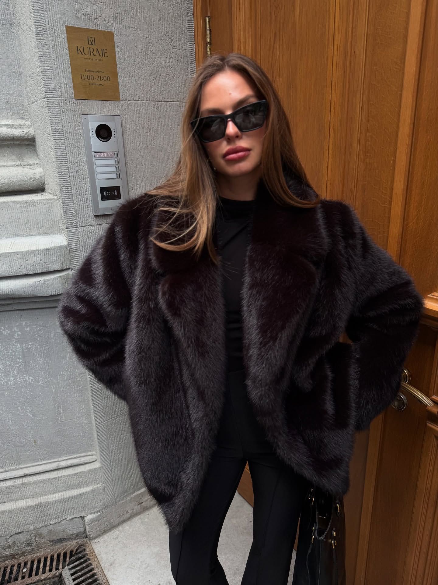 Womens Short Suit Lapel Plush Outerwear Thick Fuzzy Texture Relaxed Silhouette Smart Casual Jacket For Evening Outings City Social Gatherings And Ch