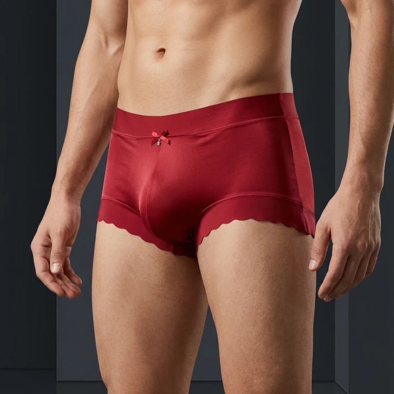 Men's Seamless Ice Silk Briefs 3D Contour Pouch Mid Waist Satin Smooth Scalloped Edge Ultra Thin Male Underwear 260915