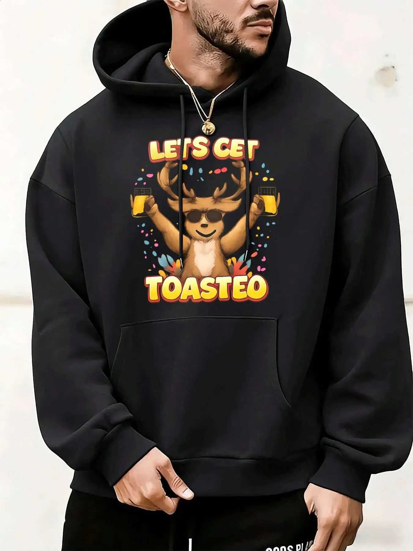 Casual Pullover Hoodie Funny Mens Lets Get Toasted Party Deer Holding Beer Cup Graphic Print Hooded Sweatshirt Loose Fit Long sleeve Hoody With Pock