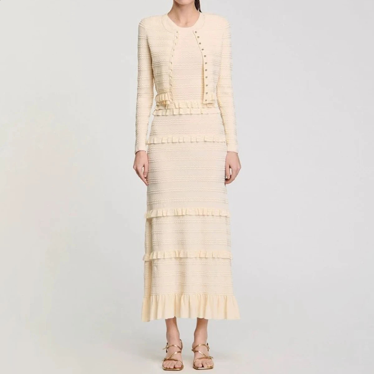High Quality Sweater Fashion Classic Ruffle Edge Knitted Elastic Long Sleeved Cardigan Sleeveless Skirt Slim Fit Women's Set 260916