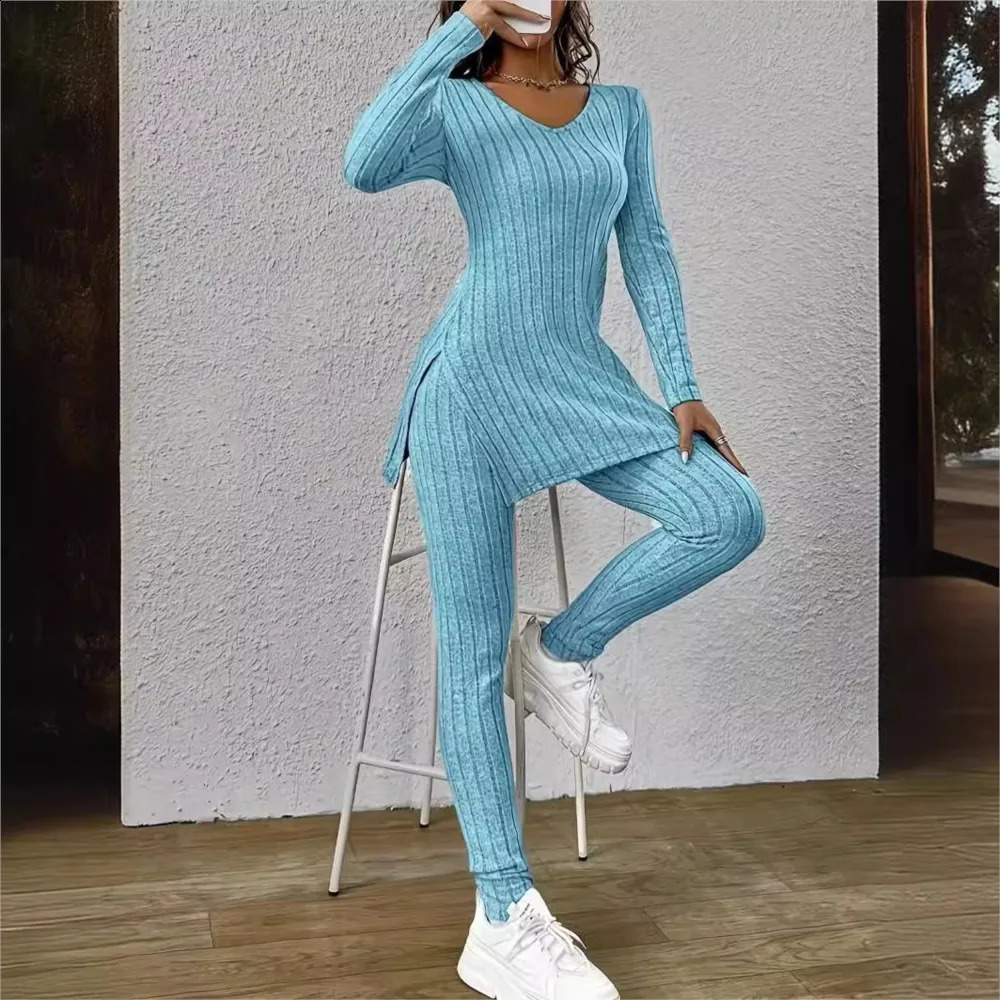 Fashion Knitted Long-sleeved V-neck Women's Trousers 2-piece Set Spring Autumn Slim Fit Slit Pullover Female Home Wear Set 260916