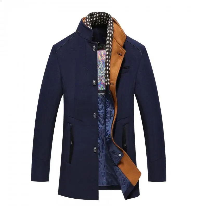 Autumn Winter Mens Wool Coats Smart Casual Thick Warm Woolen Trench Outerwear Men Stand Collar Fashion Detachable Scarf Coats 260916