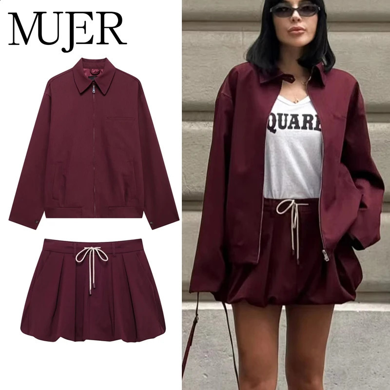 MUJER Balloon Skirt Sets for Women 2 Pieces Mini Skirt Women's Suits Two Pieces Set Long Sleeve Zipper Jacket Woman Outfit 260916