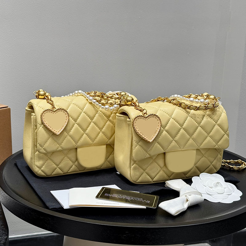 Designer Ladies Yellow Classic Flap Bag with Enamel Love Shaped Pendant Pearl Chain Decoration Gold Hardware Lambskin Diamond Shoulder Wallet Crossb