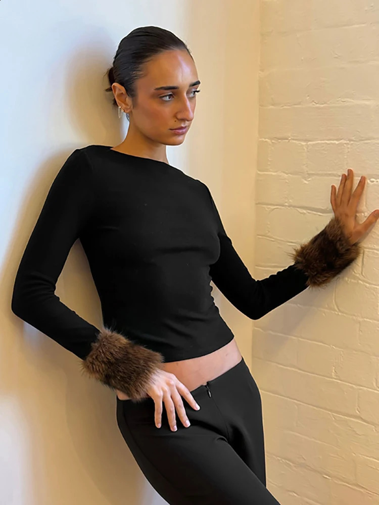 JULISSA MO Feather Sleeve Round Neck Women Tshirt Black Long Sleeve Short Solid Tshirt Autumn Skinny Casual Outdoor Streetwear 260916