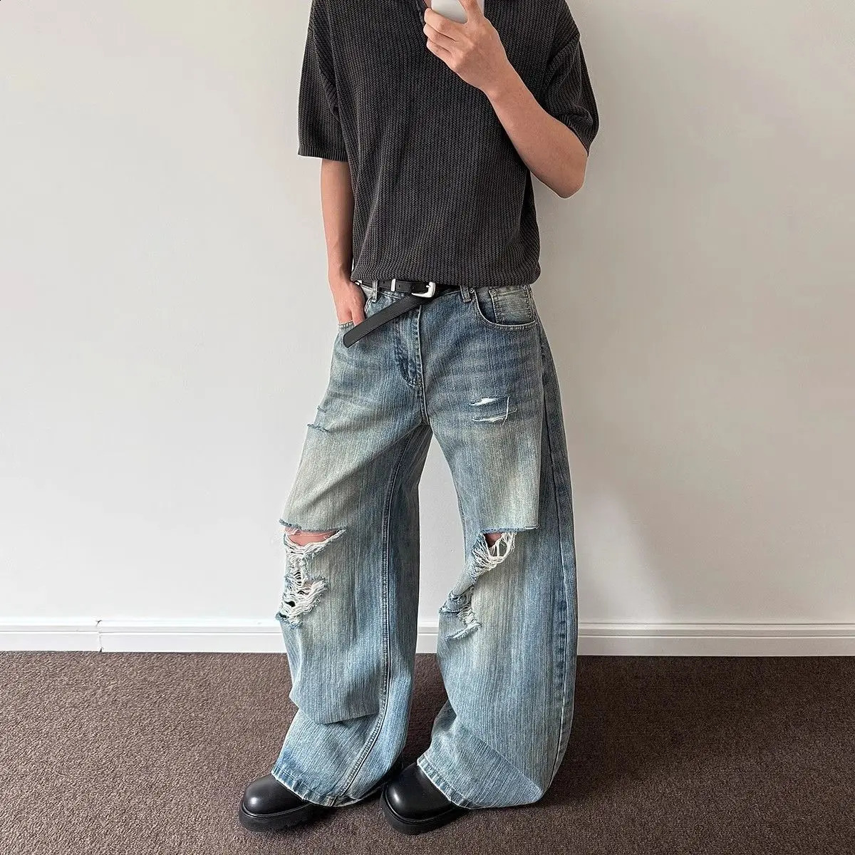 Men's Vintage Distressed Jeans Wide Legs Sweatpants Spring Bottom Young Boy Casual Pants Male High Waist Y2k Cool Trousers 260916